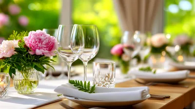 Elegant Table Setting With Peonies And Wine Glasses