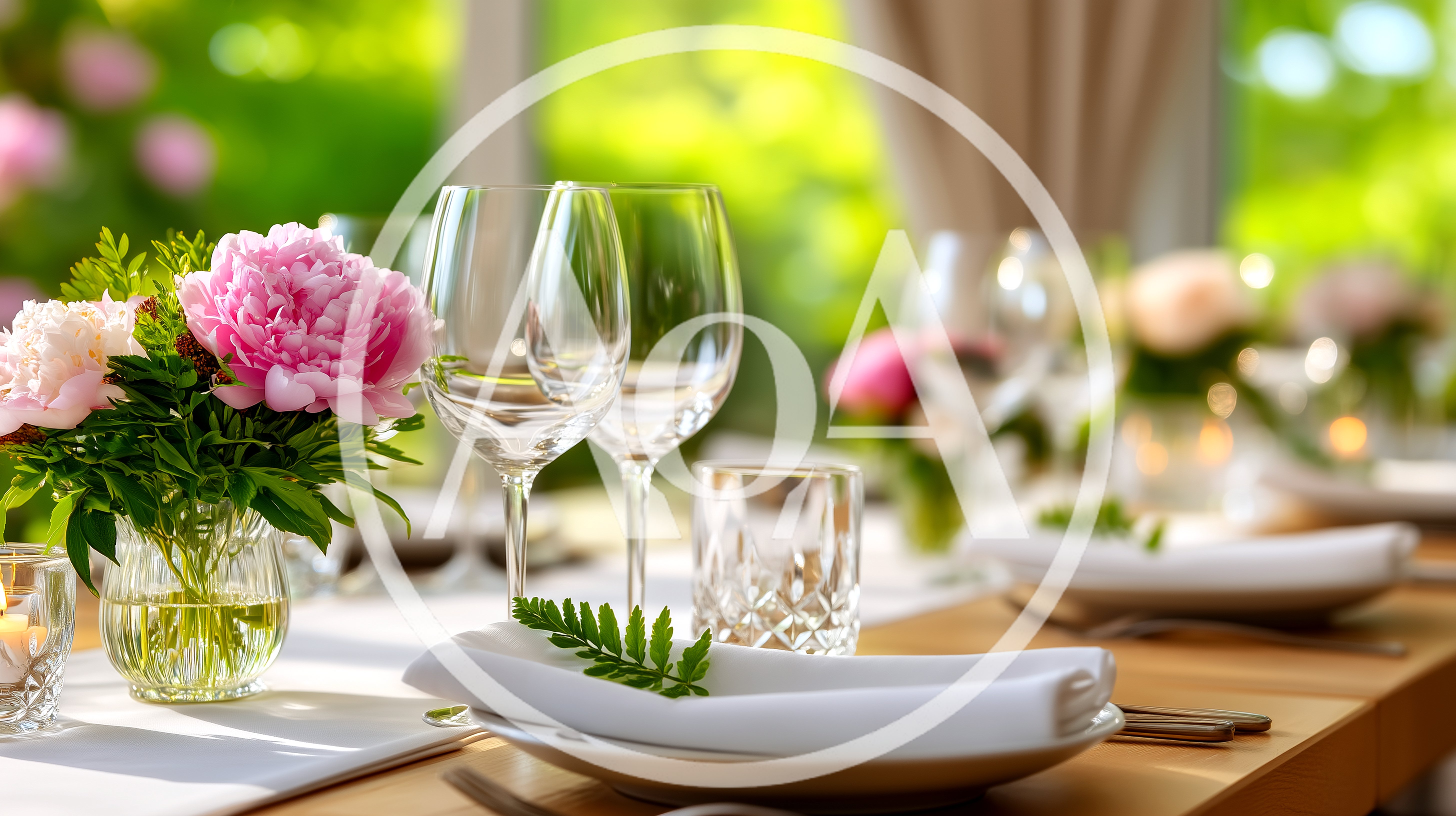 Elegant Table Setting With Peonies And Wine Glasses