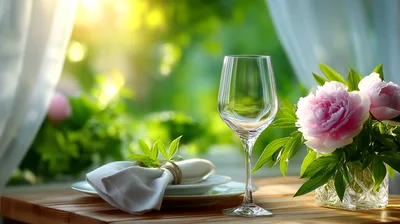 Elegant Table Setting With Wine Glass And Peonies