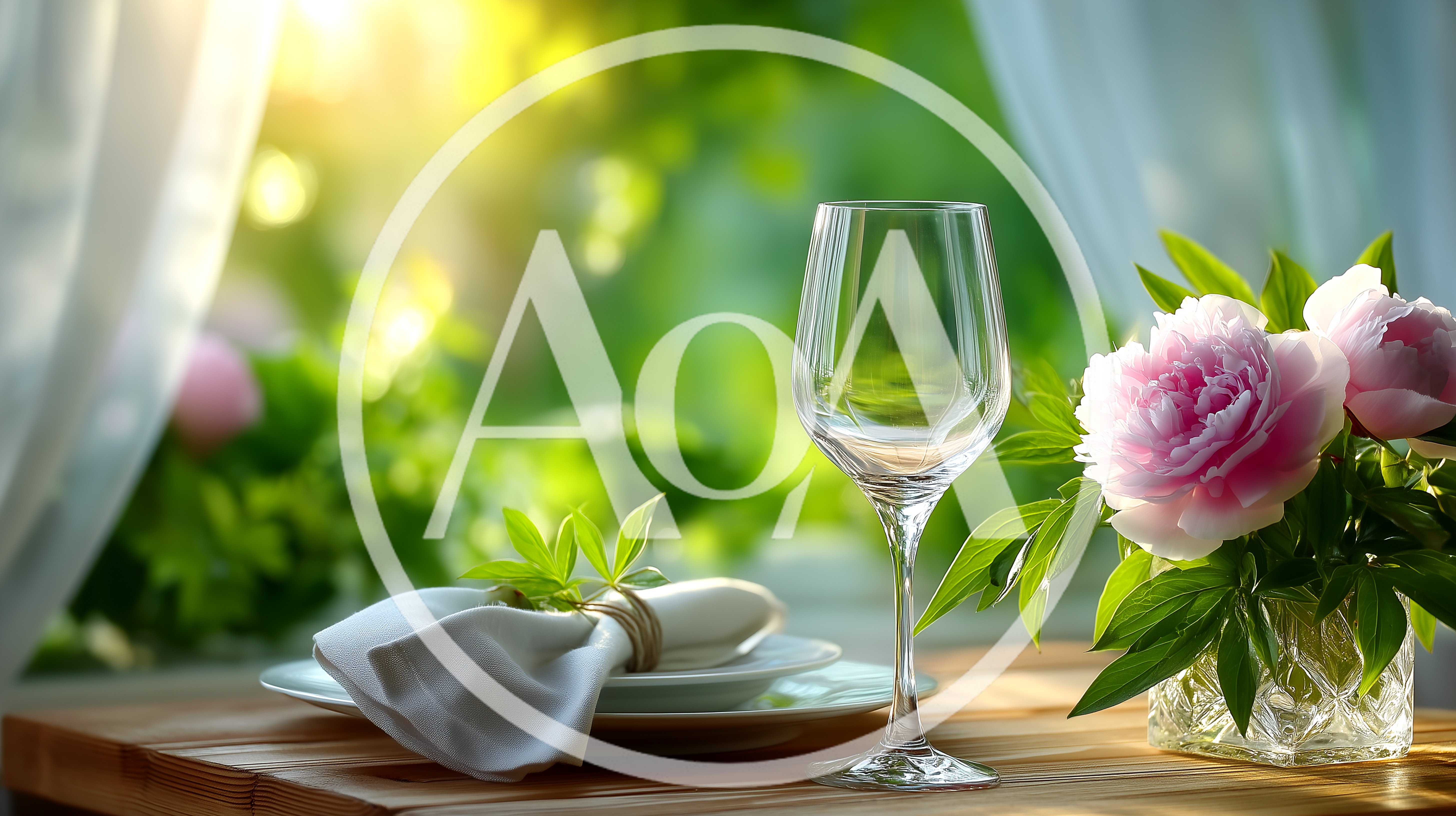 Elegant Table Setting With Wine Glass And Peonies