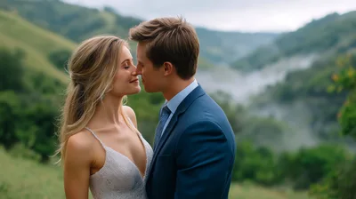 Newlywed Couple Sharing An Intimate Moment In Nature