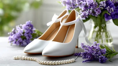 Elegant White Wedding Heels With Lavender And Pearls