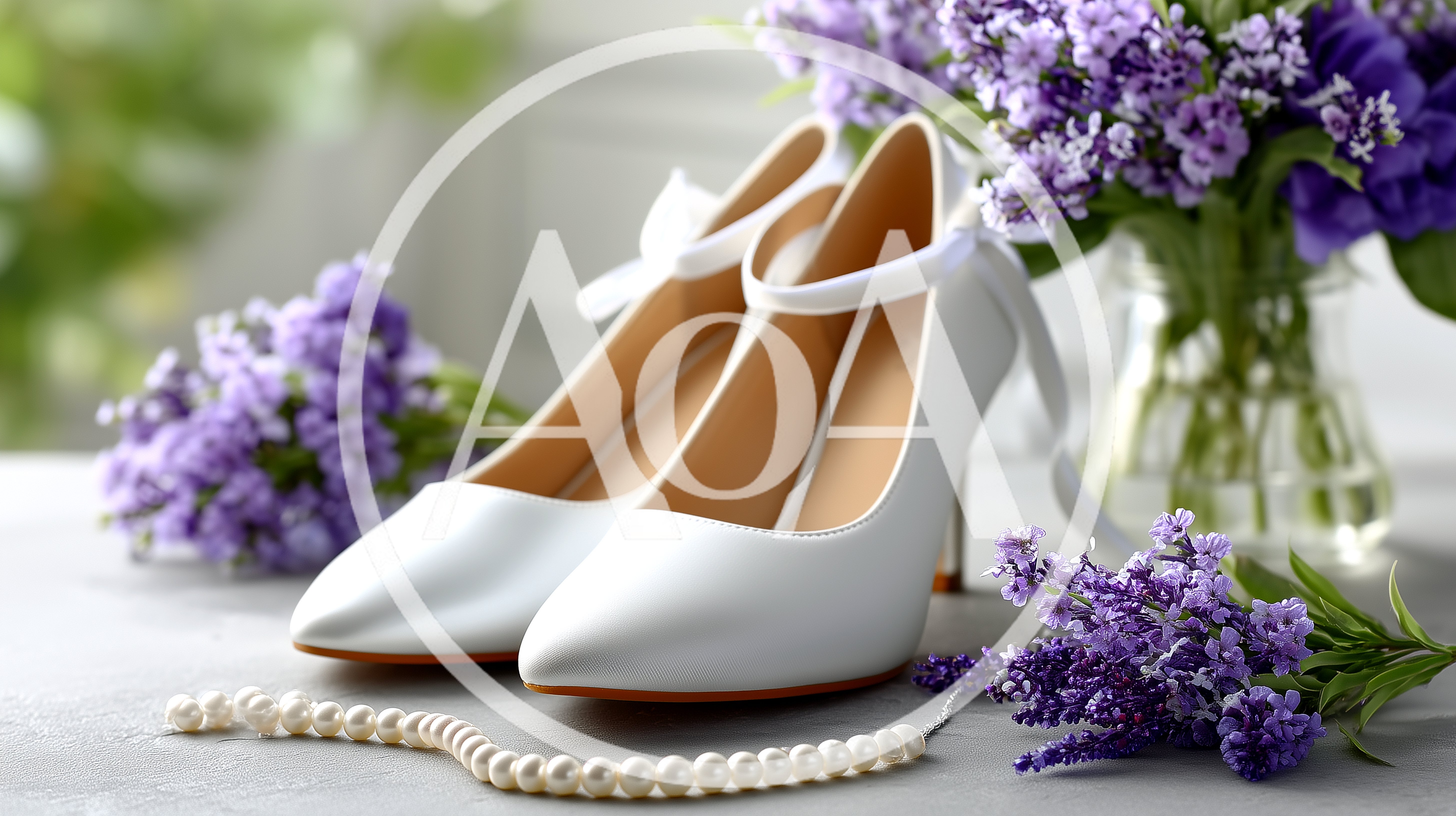Elegant White Wedding Heels With Lavender And Pearls