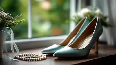 Elegant Light Blue Wedding Heels And Pearl Necklace