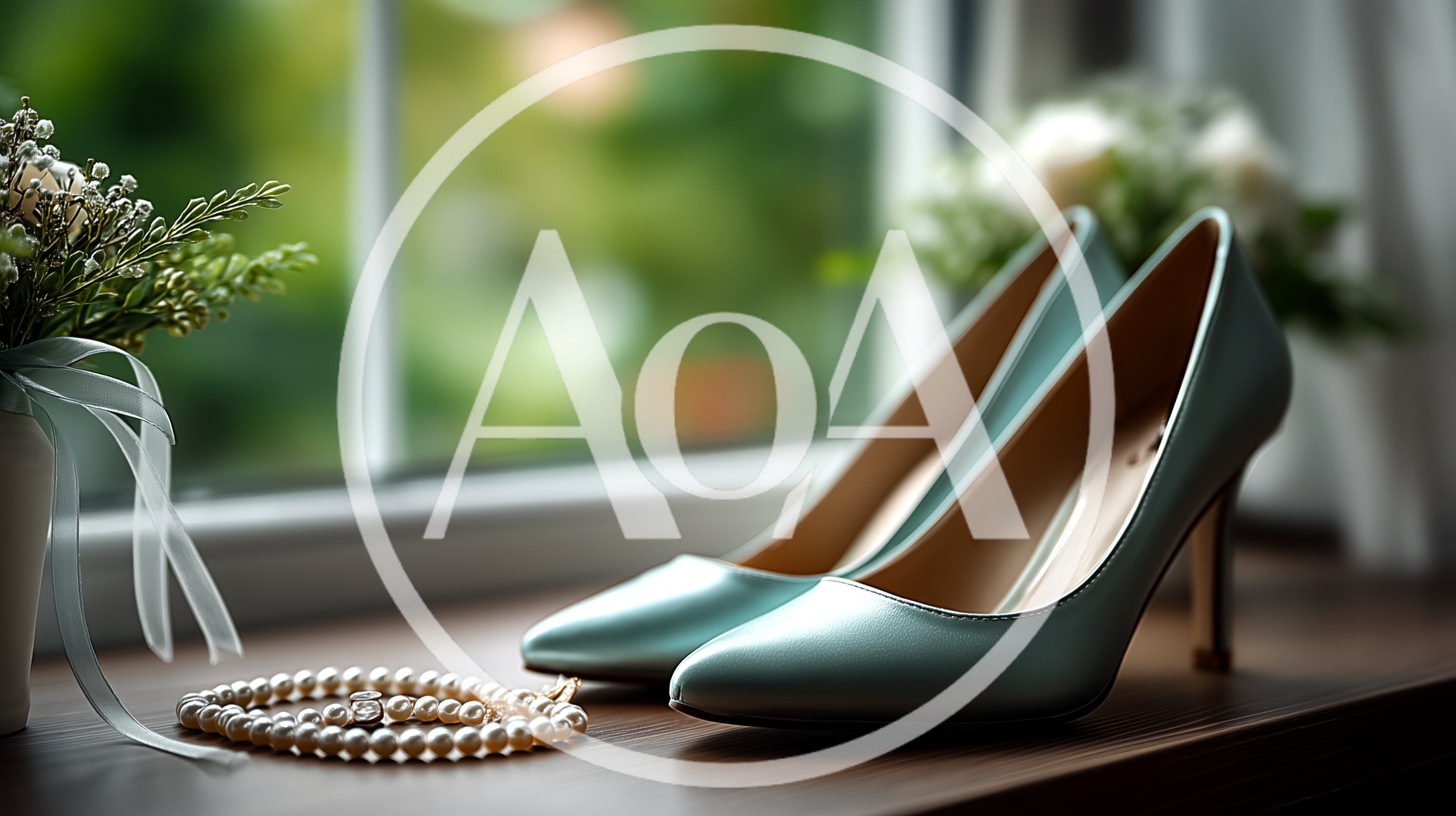 Elegant Light Blue Wedding Heels And Pearl Necklace