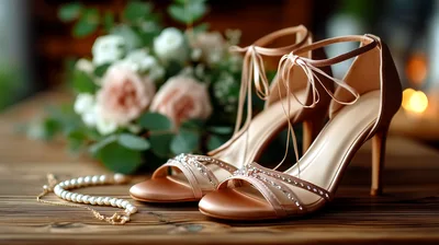 Elegant Bridal High Heels With Pearl Necklace And Flowers