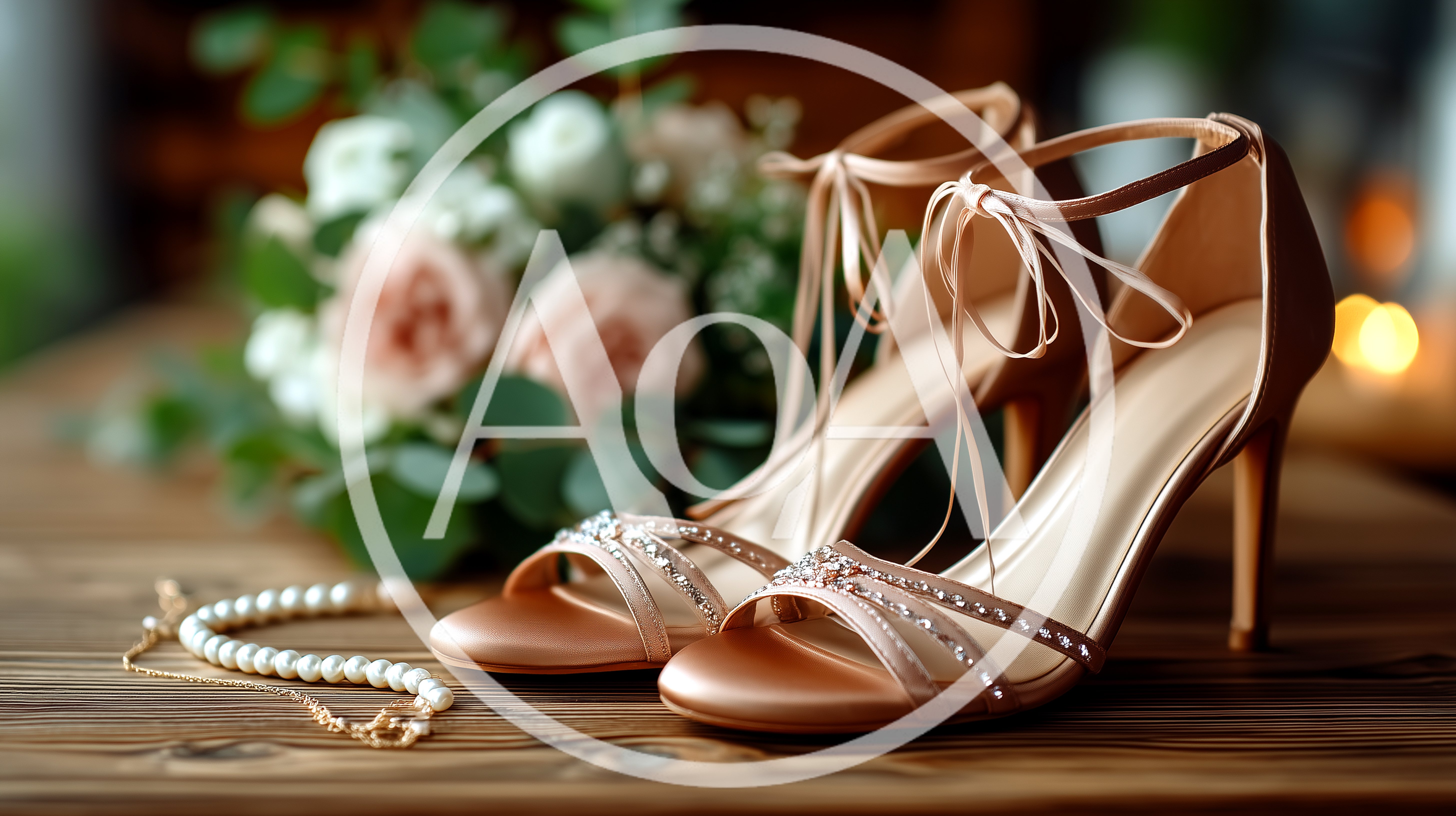 Elegant Bridal High Heels With Pearl Necklace And Flowers