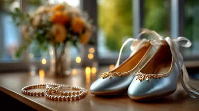 Elegant Wedding Shoes And Pearl Necklace On Table