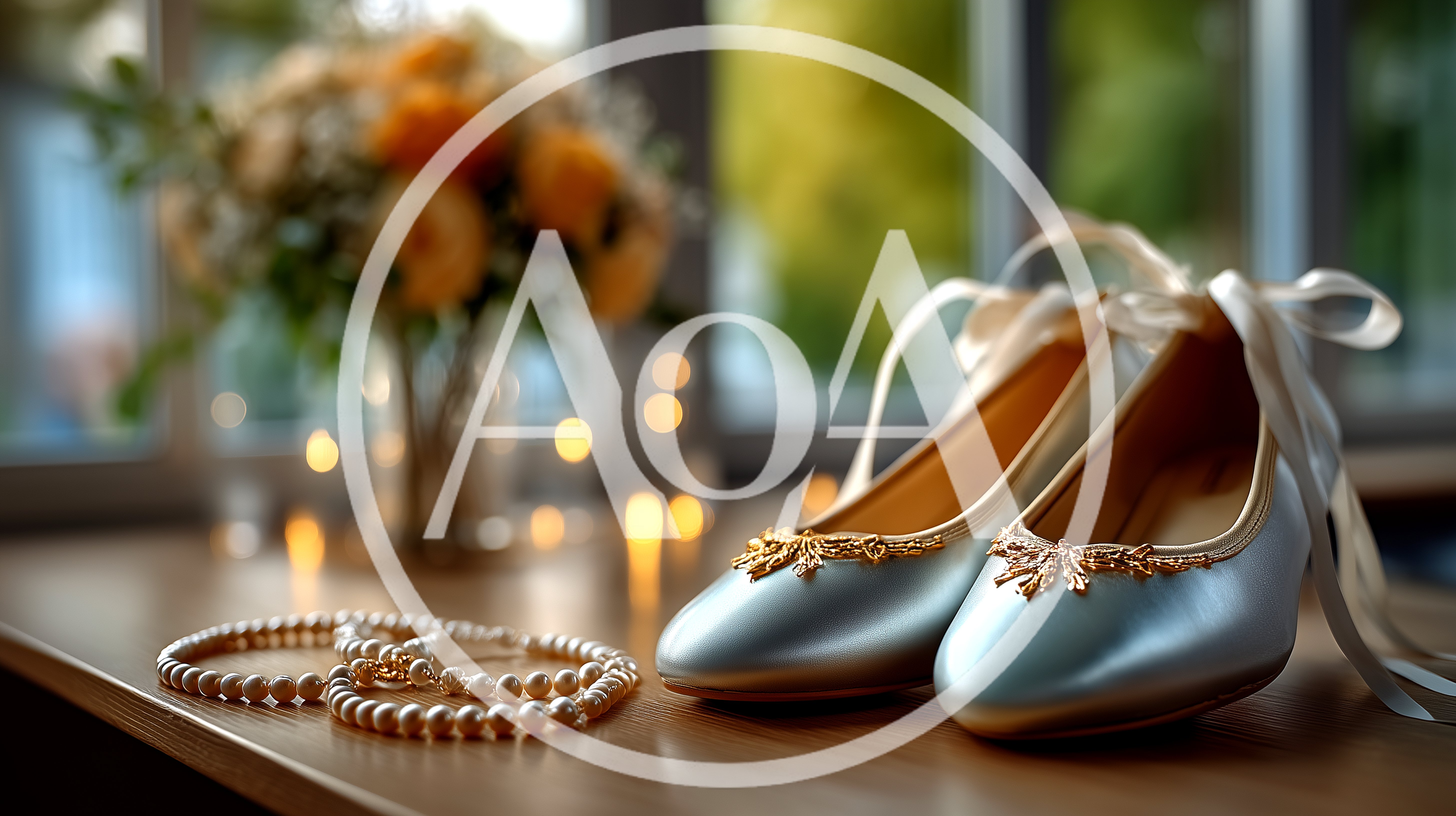 Elegant Wedding Shoes And Pearl Necklace On Table