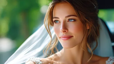 Beautiful Bride Looking Out Of A Car Window