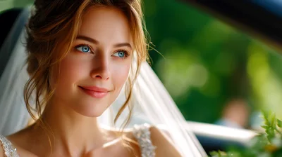 Beautiful Bride Smiling Inside A Wedding Car