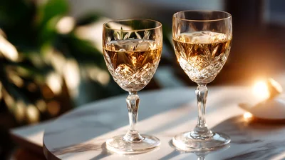 Two Crystal Wine Glasses On A Marble Table