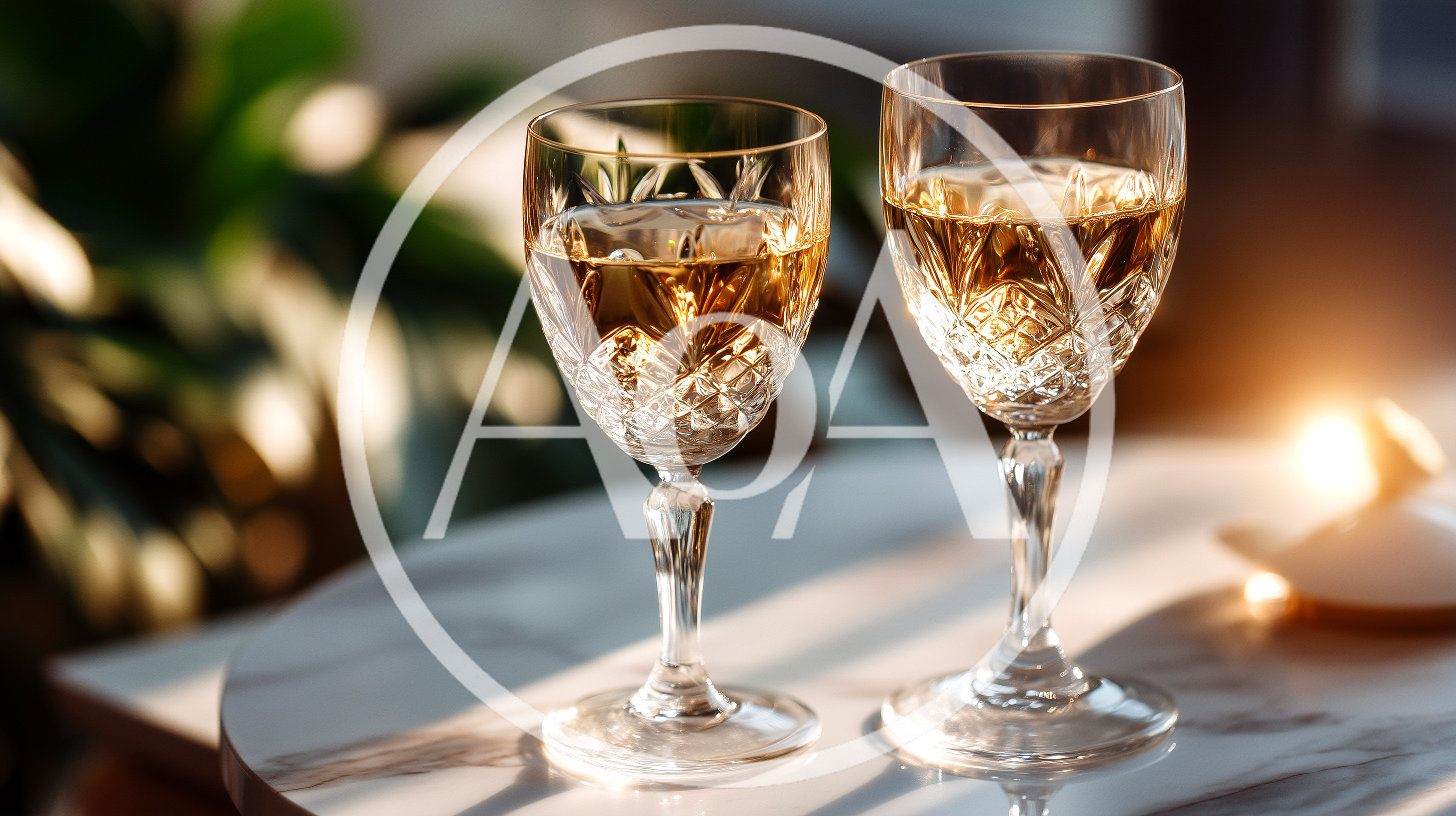 Two Crystal Wine Glasses On A Marble Table