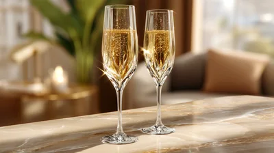 Two Crystal Champagne Flutes On A Marble Table