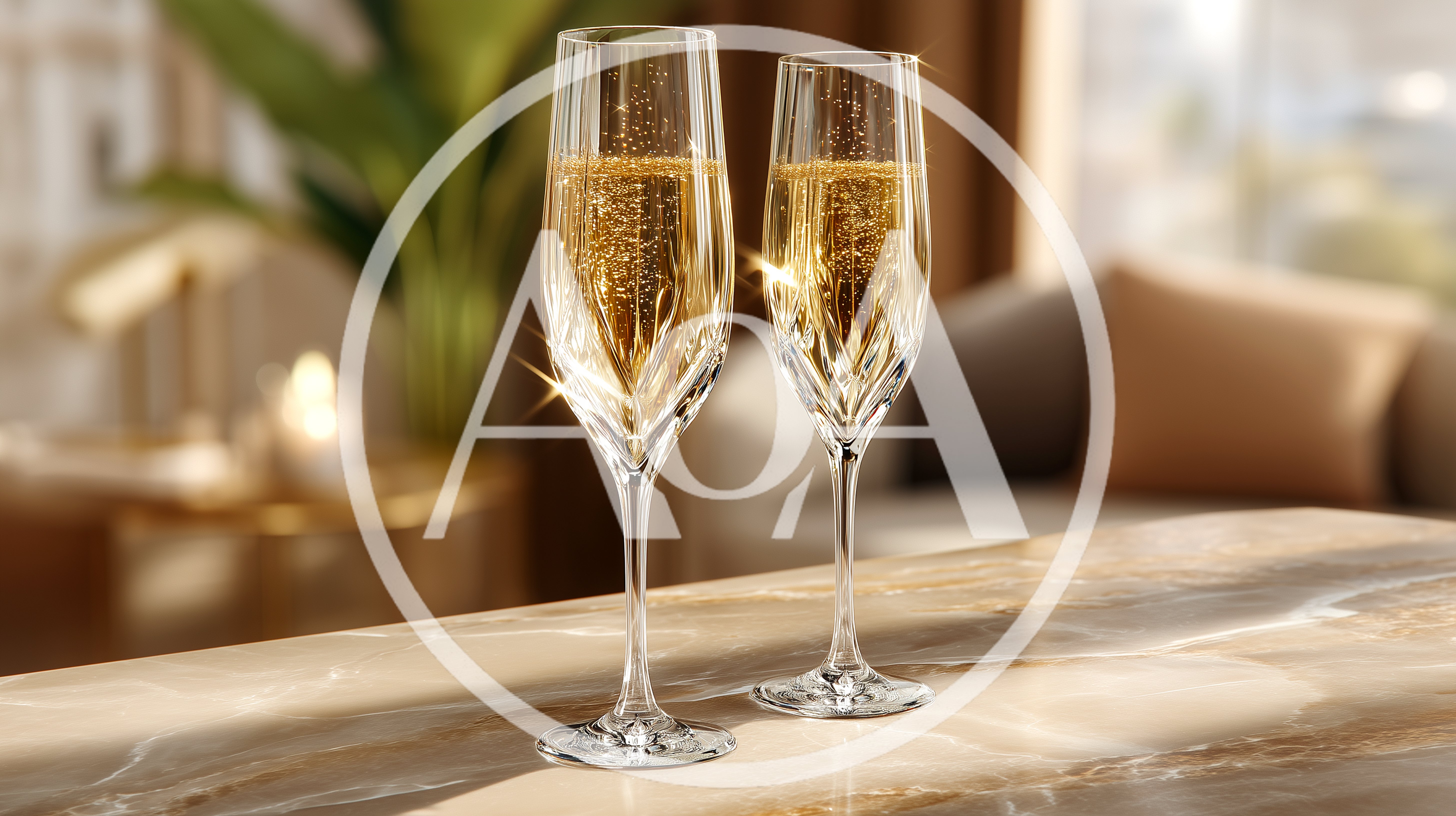 Two Crystal Champagne Flutes On A Marble Table