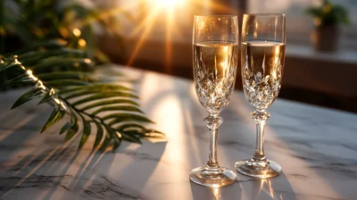 Two Crystal Champagne Flutes On A Marble Table
