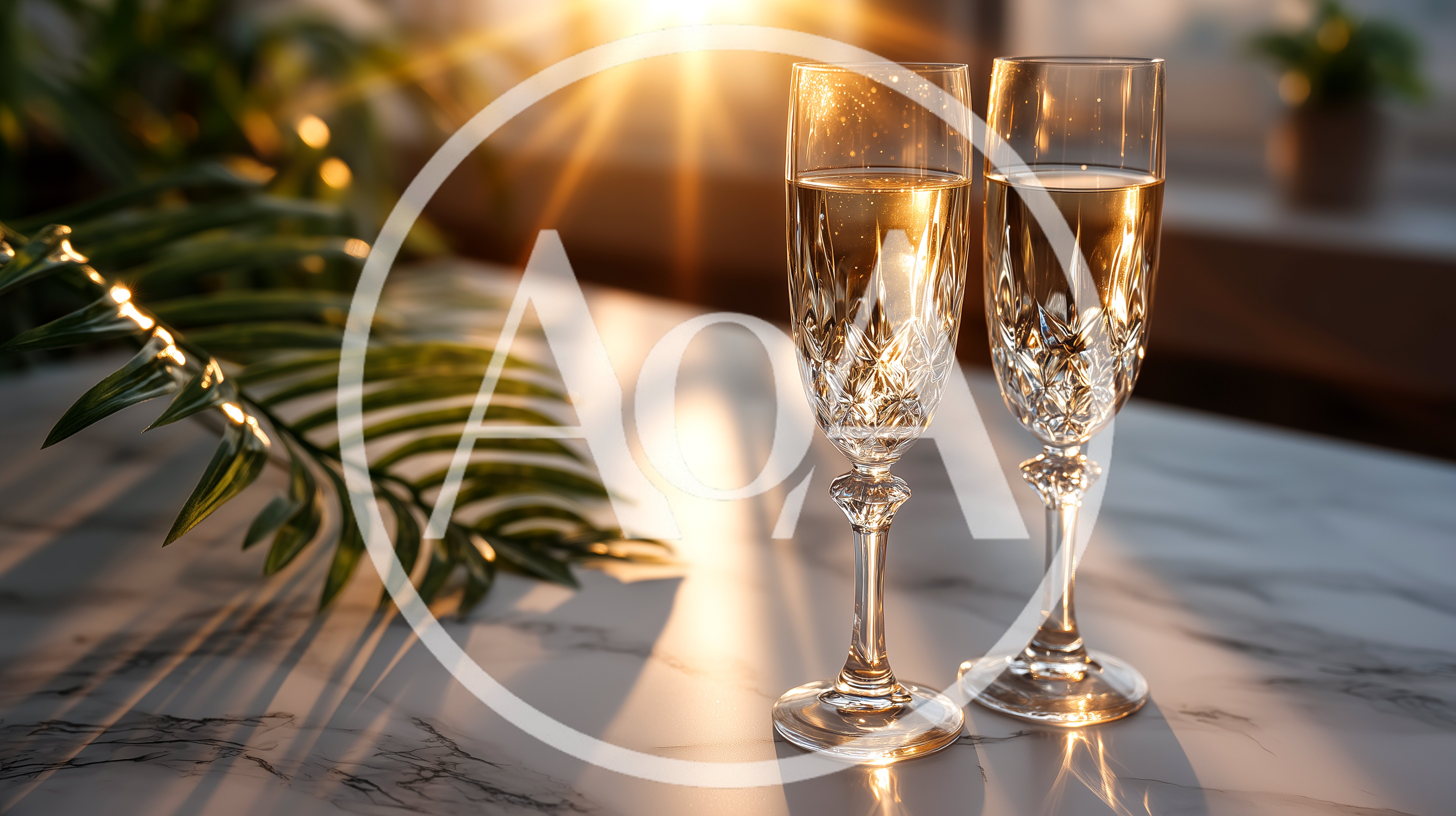 Two Crystal Champagne Flutes On A Marble Table