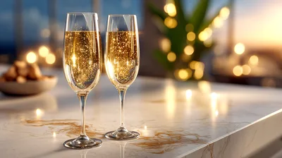 Two Champagne Flutes On A Marble Countertop