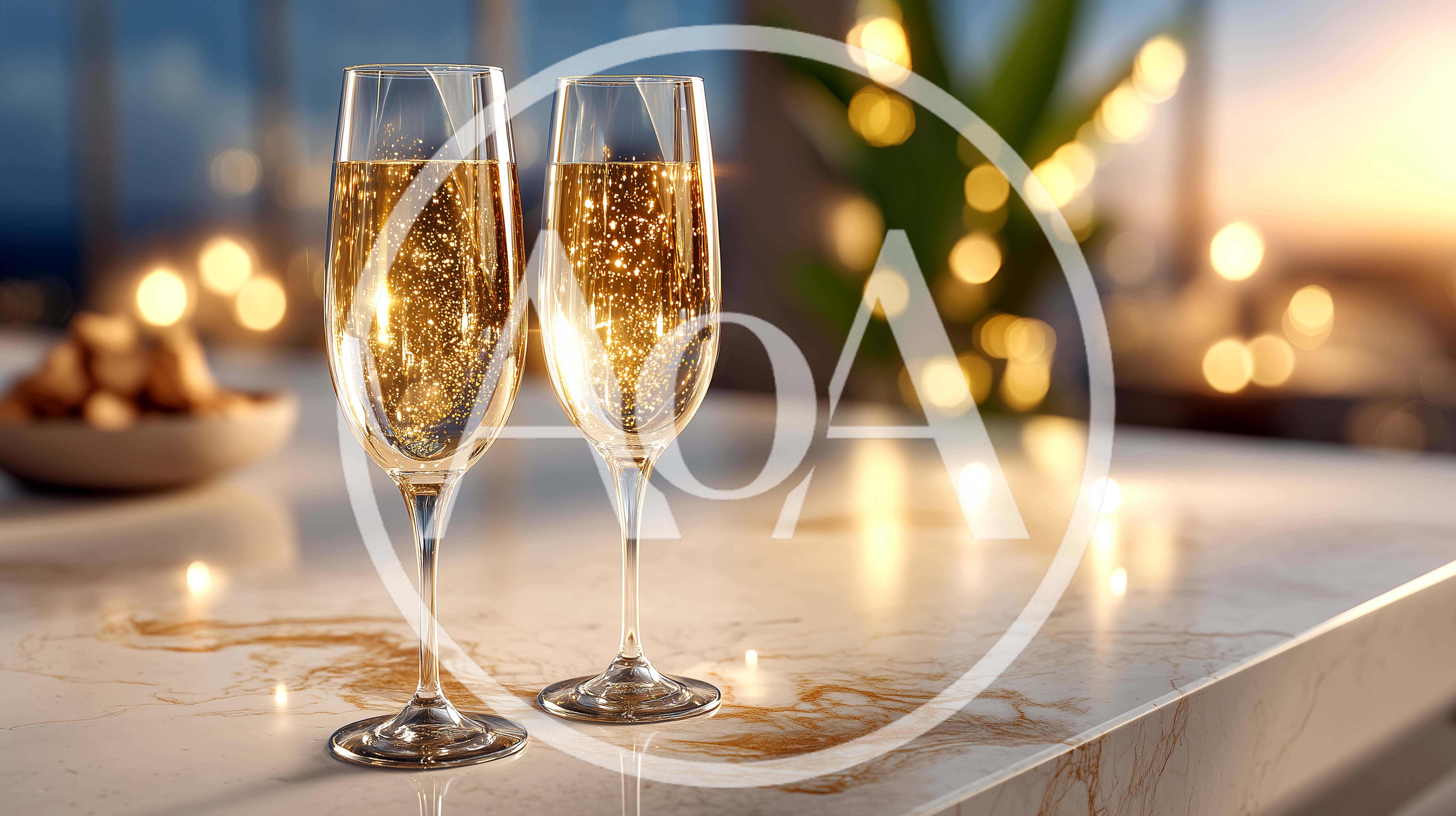 Two Champagne Flutes On A Marble Countertop