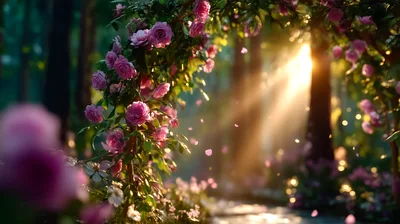 Enchanted Rose Garden Archway With Golden Sunlight