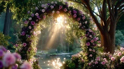 Floral Wedding Arch Overlooking A Sunlit Garden Pond