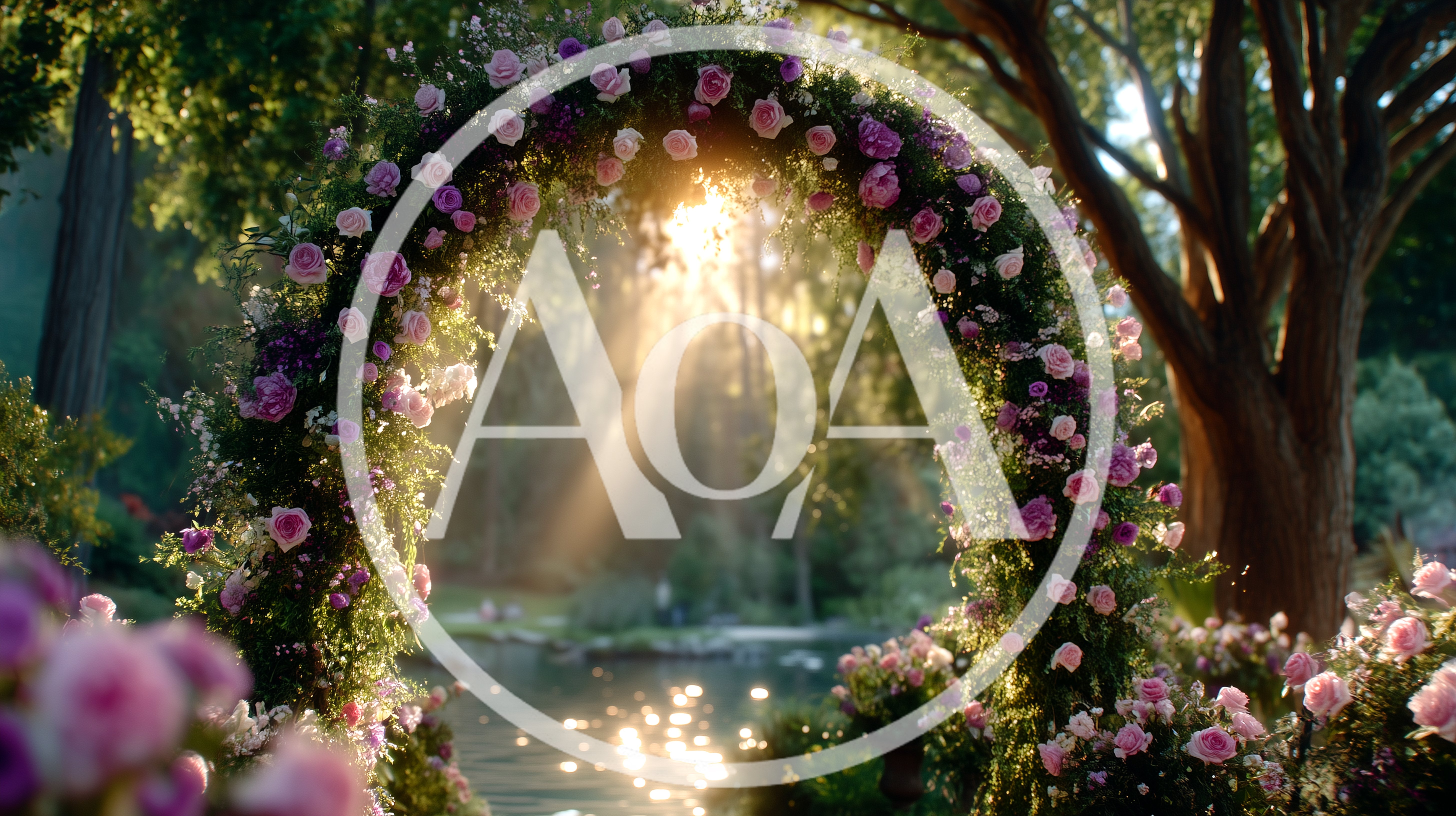 Floral Wedding Arch Overlooking A Sunlit Garden Pond