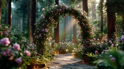 Enchanted Rose Covered Archway In A Misty Forest