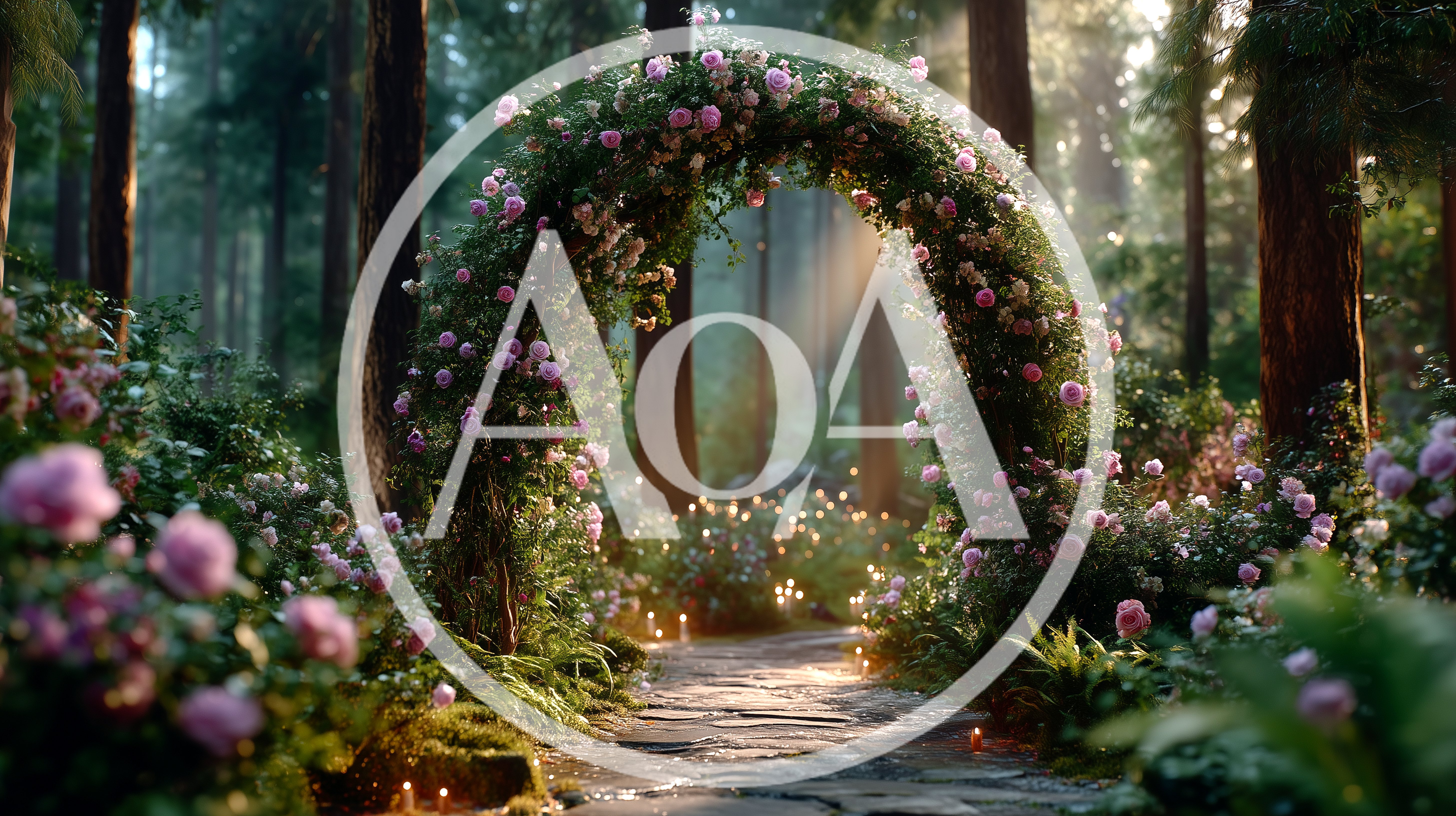 Enchanted Rose Covered Archway In A Misty Forest