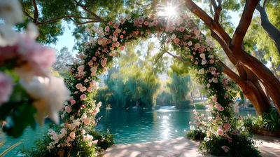 Floral Wedding Arch Overlooking A Serene Lake