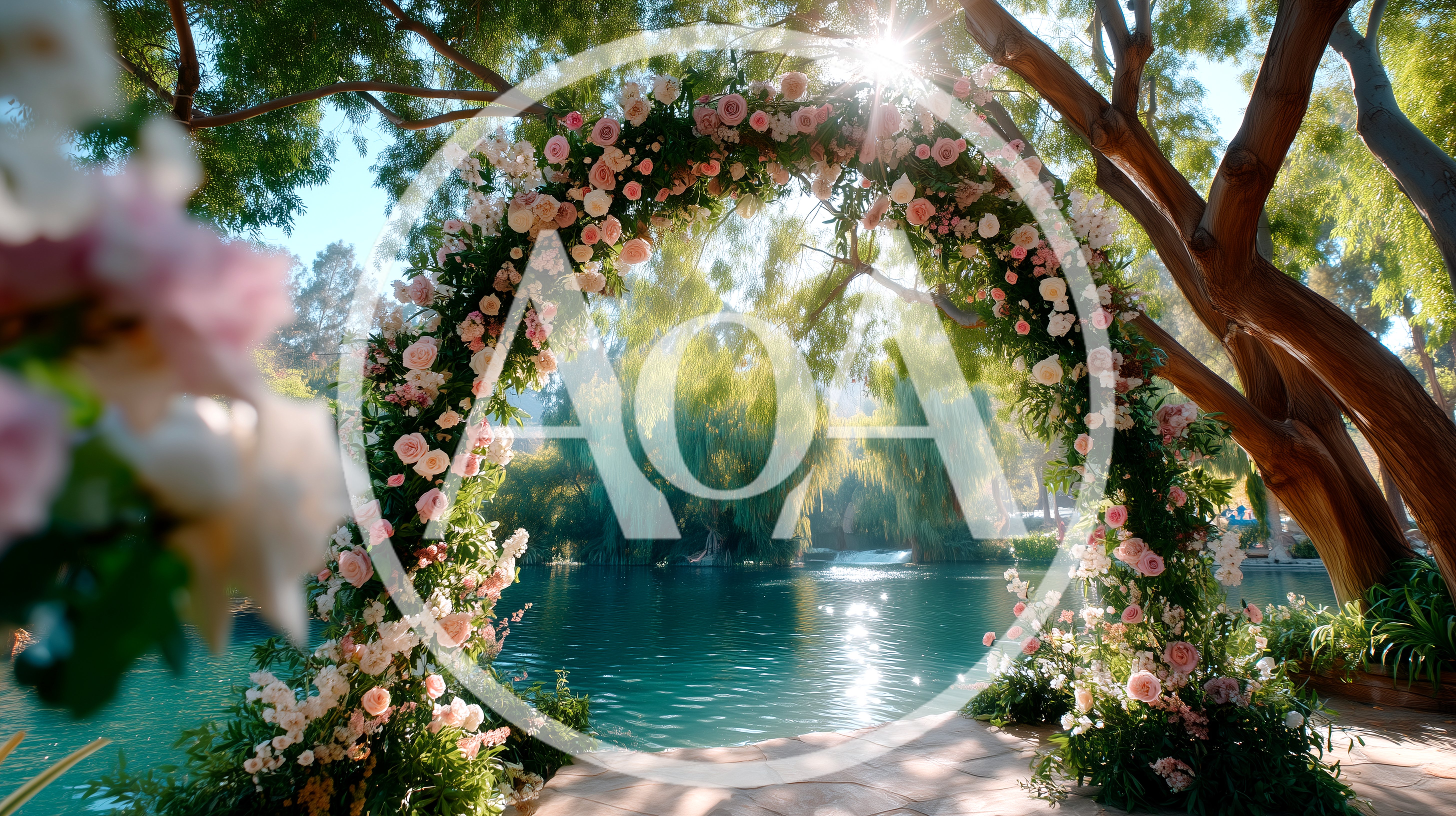 Floral Wedding Arch Overlooking A Serene Lake