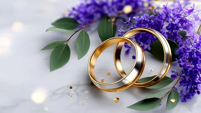 Two Gold Wedding Rings With Purple Flowers