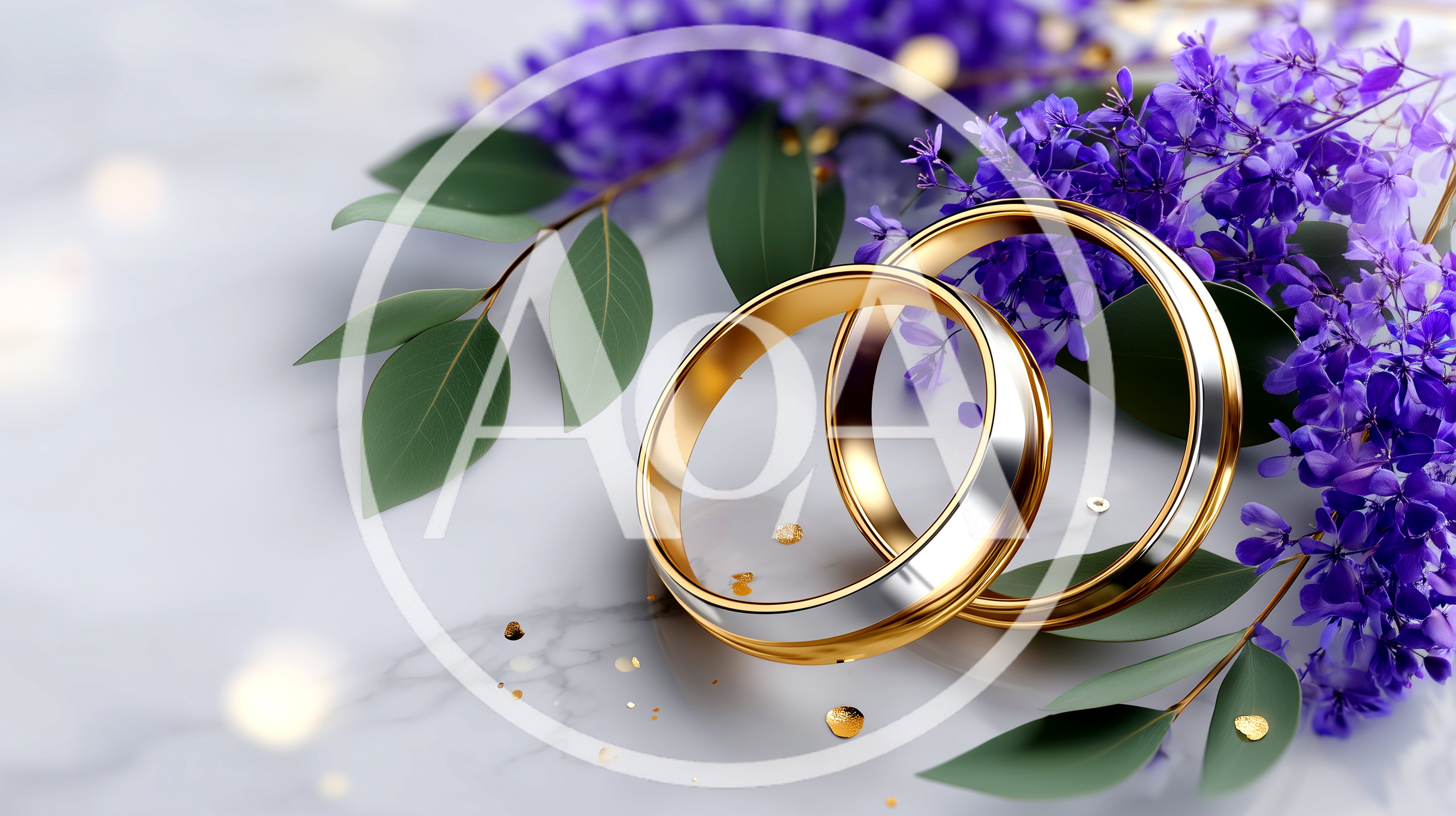 Two Gold Wedding Rings With Purple Flowers