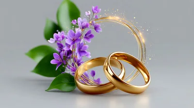 Two Golden Wedding Rings With Purple Flowers