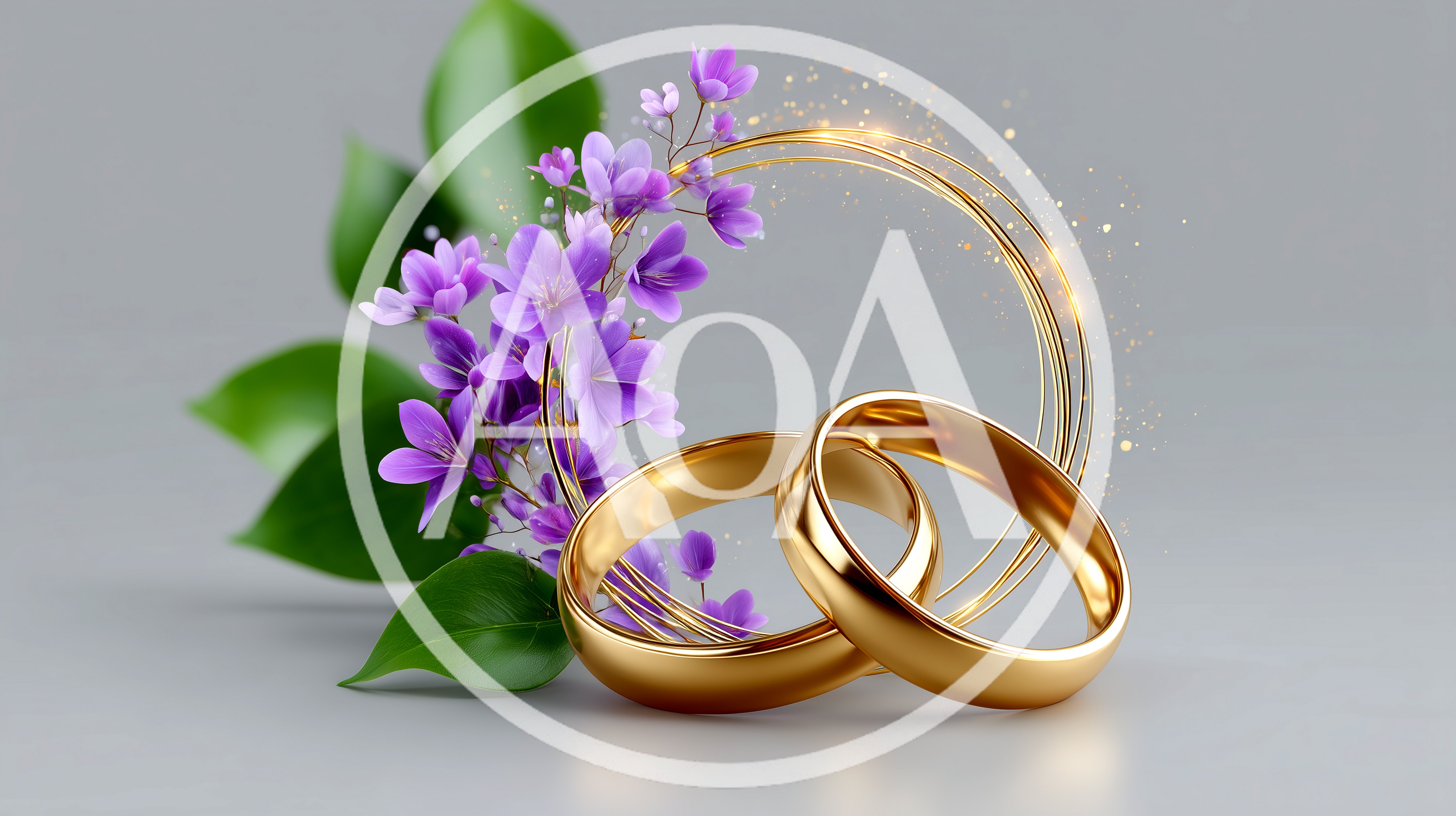 Two Golden Wedding Rings With Purple Flowers