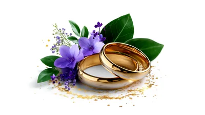 Two Golden Wedding Rings With Purple Flowers