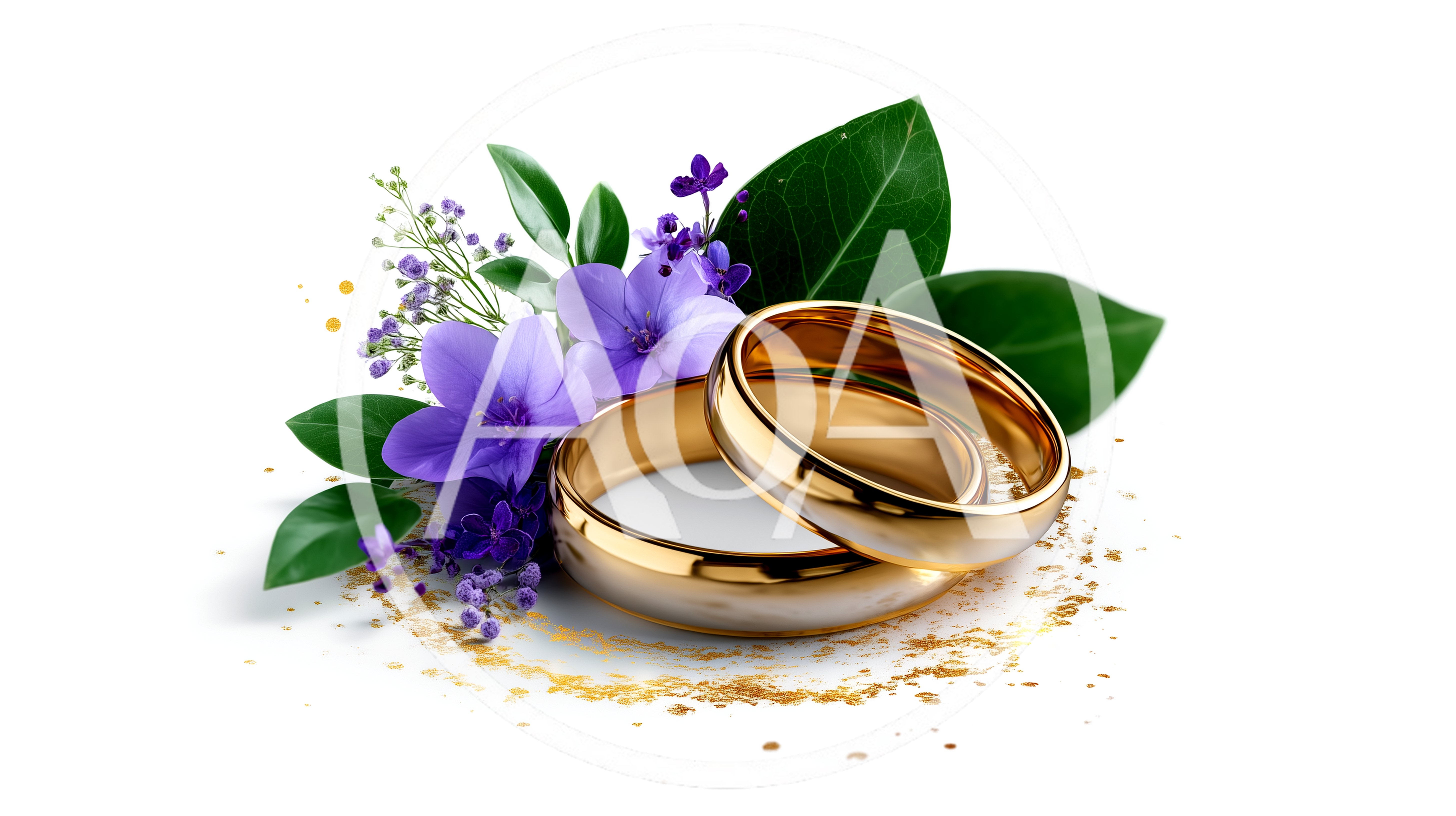 Two Golden Wedding Rings With Purple Flowers