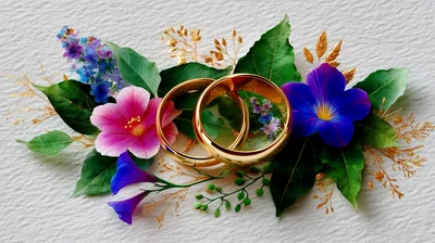 Two Golden Wedding Rings Surrounded By Colorful Flowers