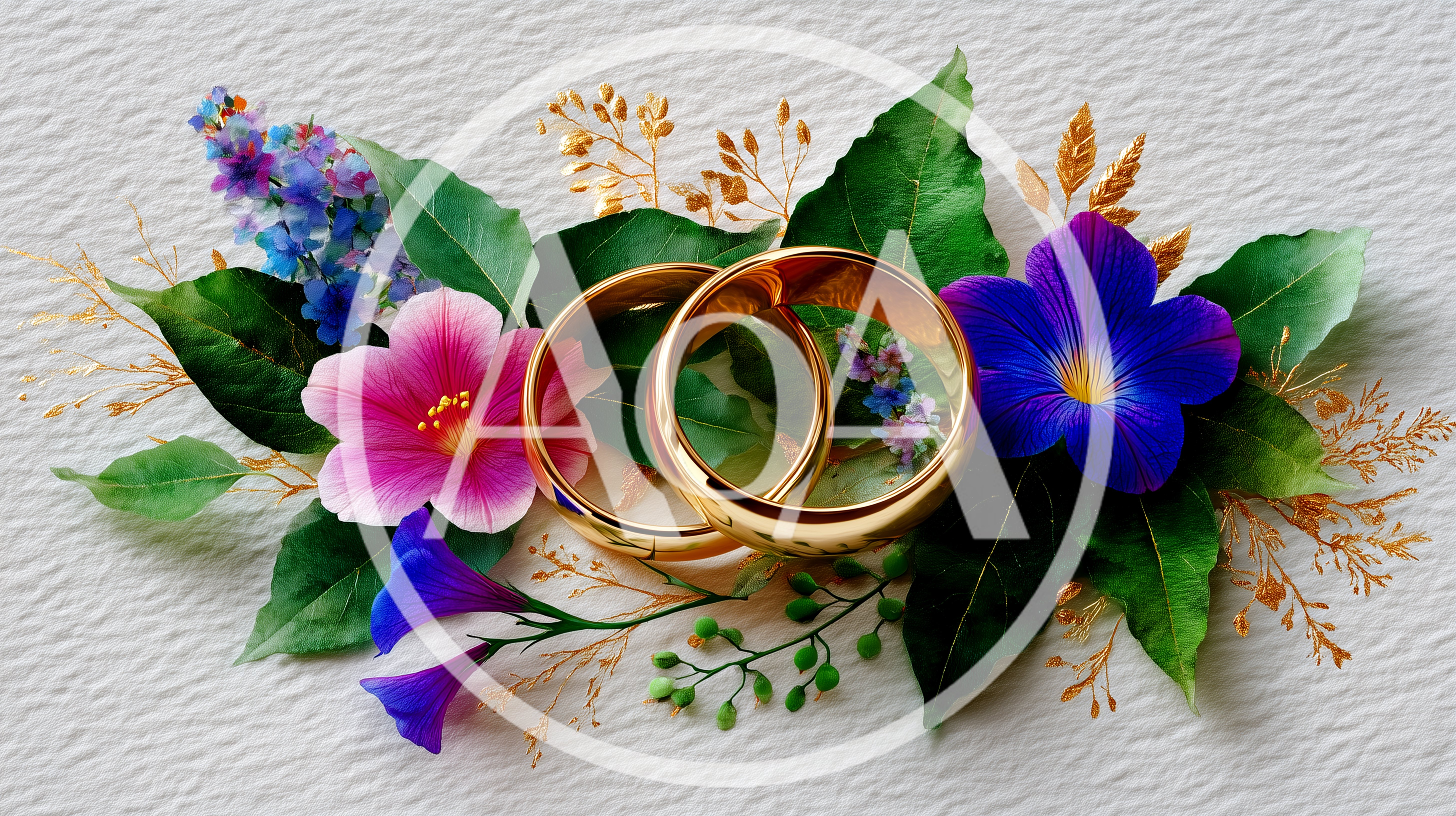 Two Golden Wedding Rings Surrounded By Colorful Flowers