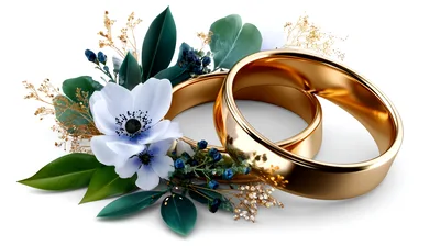 Two Golden Wedding Rings With White Anemone Flowers