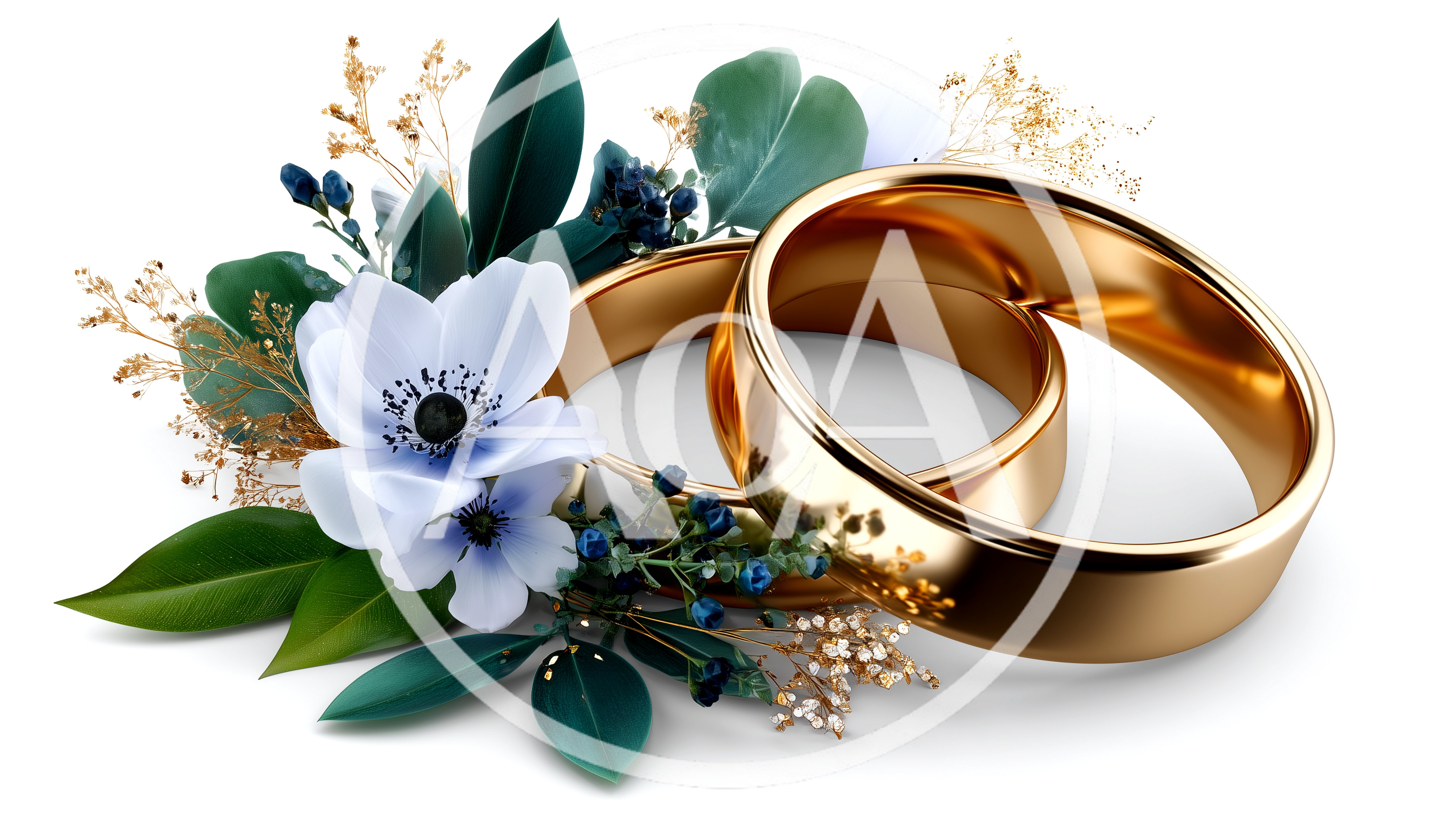 Two Golden Wedding Rings With White Anemone Flowers
