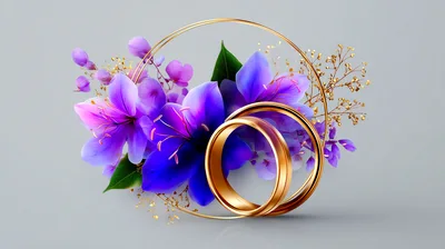 Golden Wedding Rings With Purple Floral Arrangement
