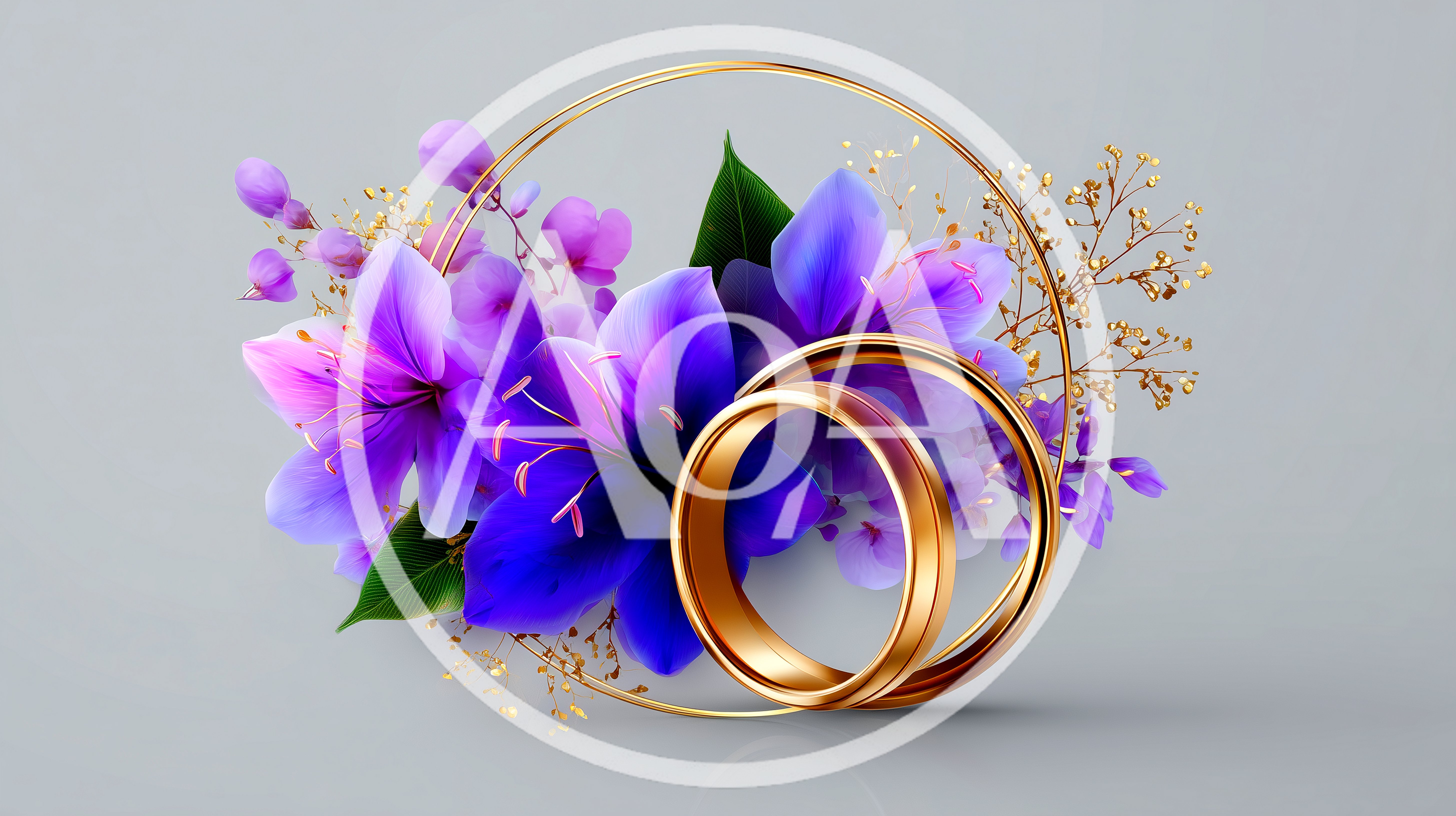 Golden Wedding Rings With Purple Floral Arrangement