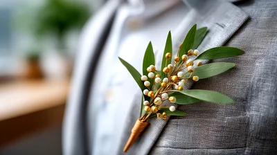 Groom Wearing A Floral Boutonniere On A Grey Suit