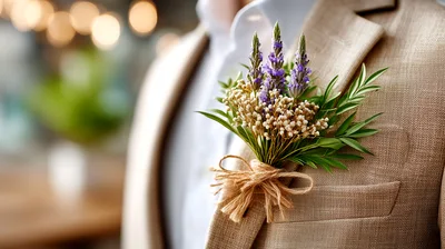 Groom Wearing A Rustic Lavender And Wheat Boutonniere