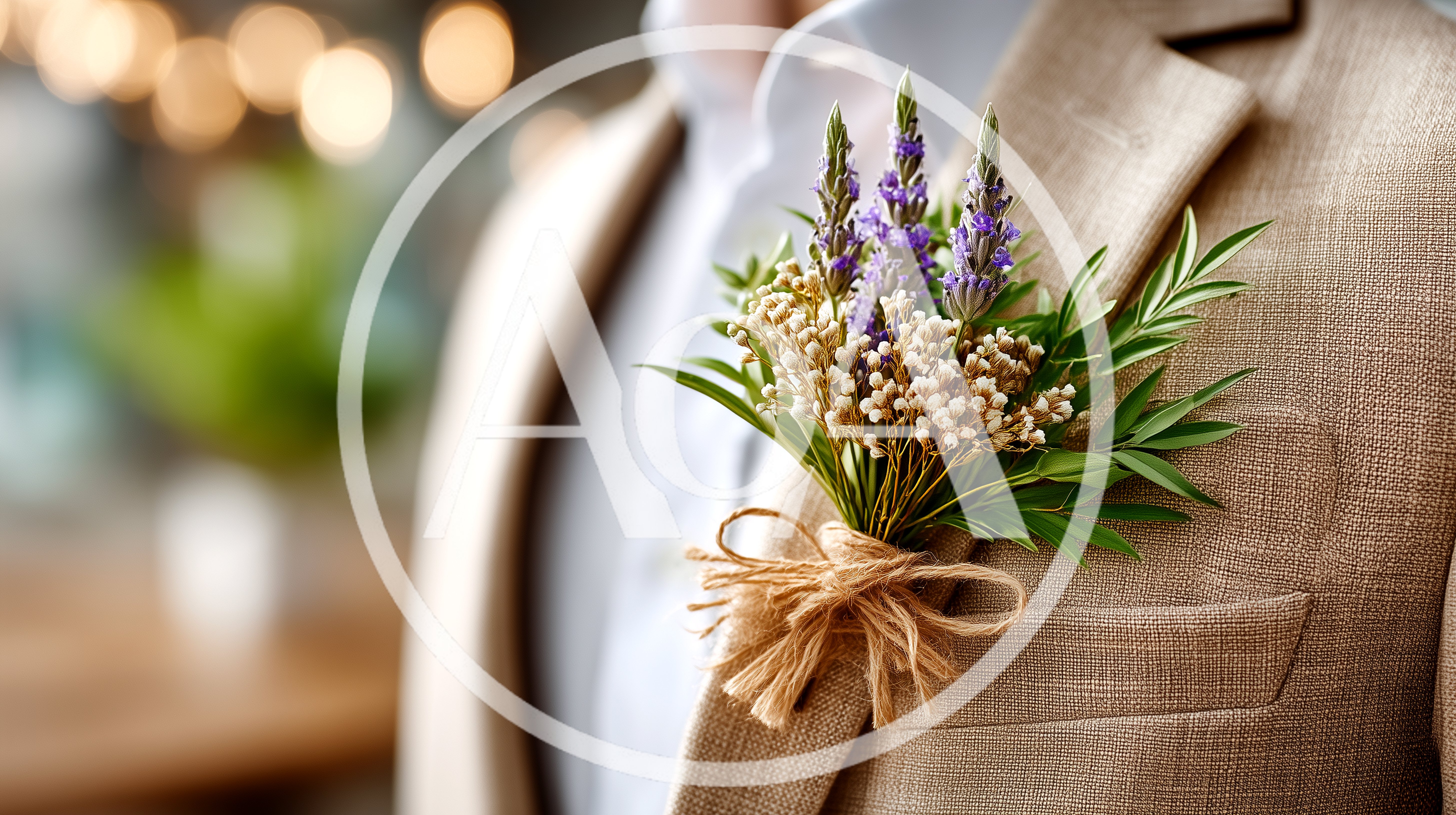 Groom Wearing A Rustic Lavender And Wheat Boutonniere