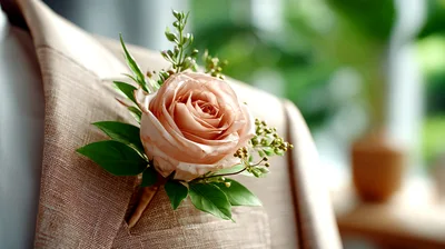 Elegant Rose Boutonniere On A Tan Suit Jacket