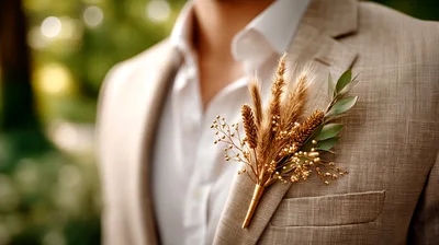 Groom Wearing A Dried Floral Boutonniere On Beige Suit