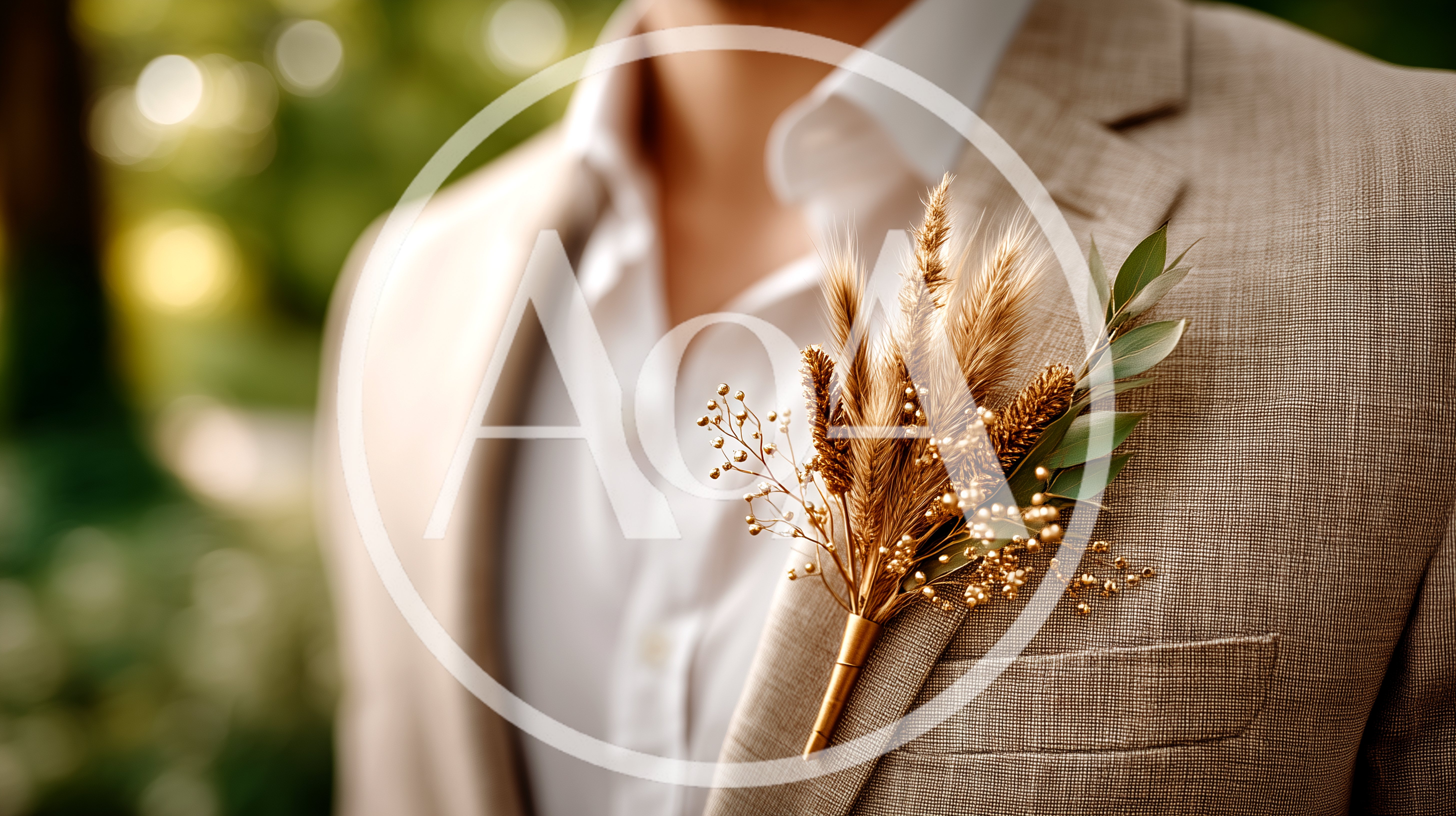 Groom Wearing A Dried Floral Boutonniere On Beige Suit