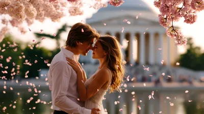 Romantic Couple Embracing Under Cherry Blossoms At Jefferson Memorial