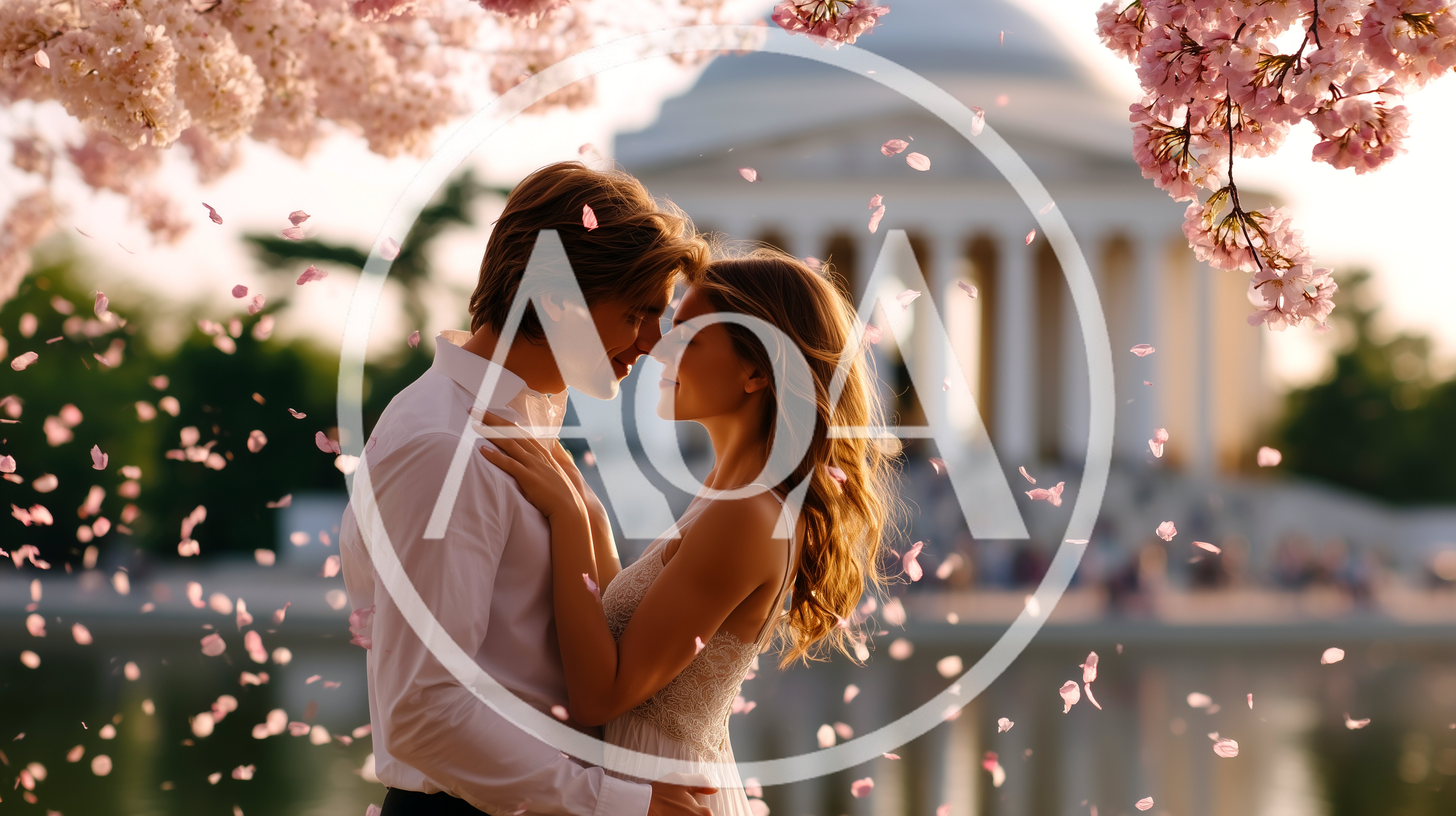 Romantic Couple Embracing Under Cherry Blossoms At Jefferson Memorial
